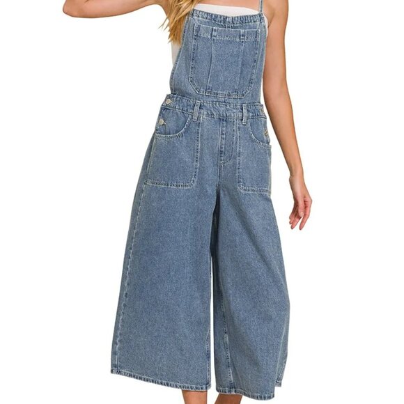 Zenana Denim Medium Washed Wide Leg Overalls - Picture 1 of 15